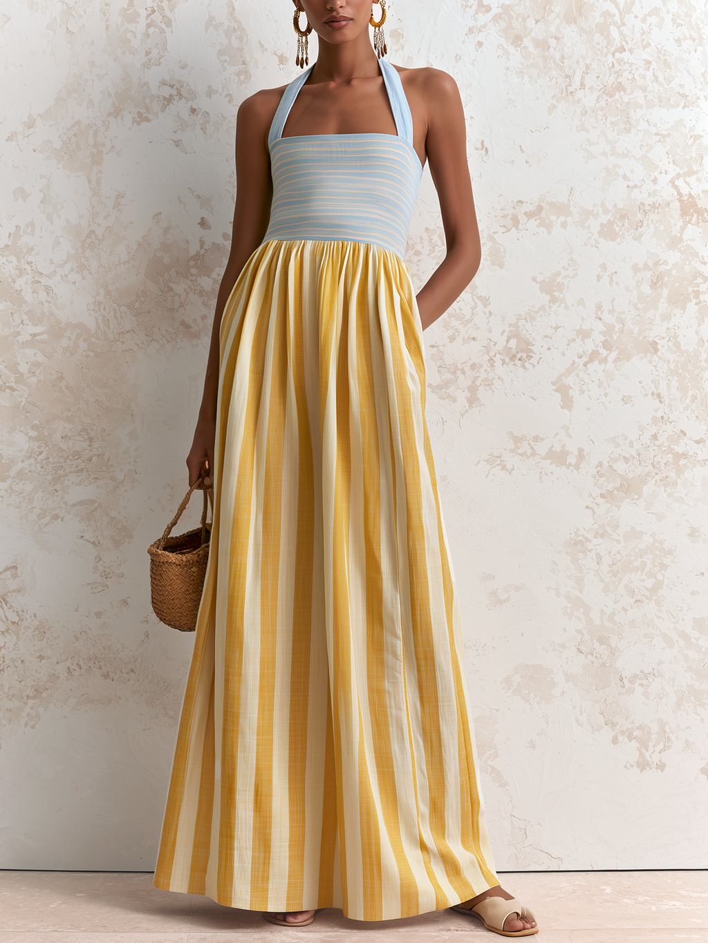 Linen Blend Halter Striped Maxi Dress With Side Pockets For Summer Vacation