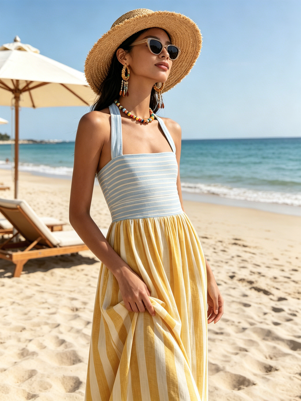 Linen Blend Halter Striped Maxi Dress With Side Pockets For Summer Vacation