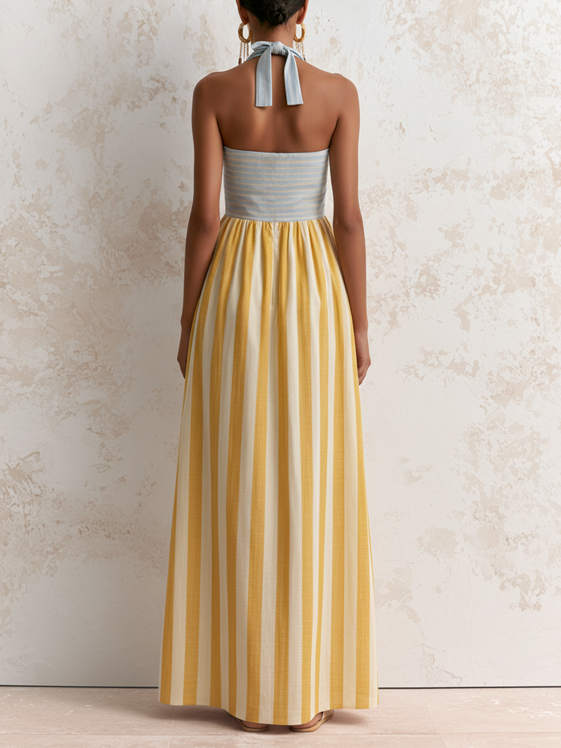 Linen Blend Halter Striped Maxi Dress With Side Pockets For Summer Vacation