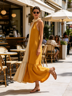 Linen Halter Ruffled Midi Swing Dress – Color Block Vacation Maxi Sundress