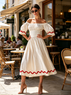 Off Shoulder Puff Sleeve Linen Midi Dress With Ric Rac Trim – Vacation Resort Fit-and-Flare Sundress