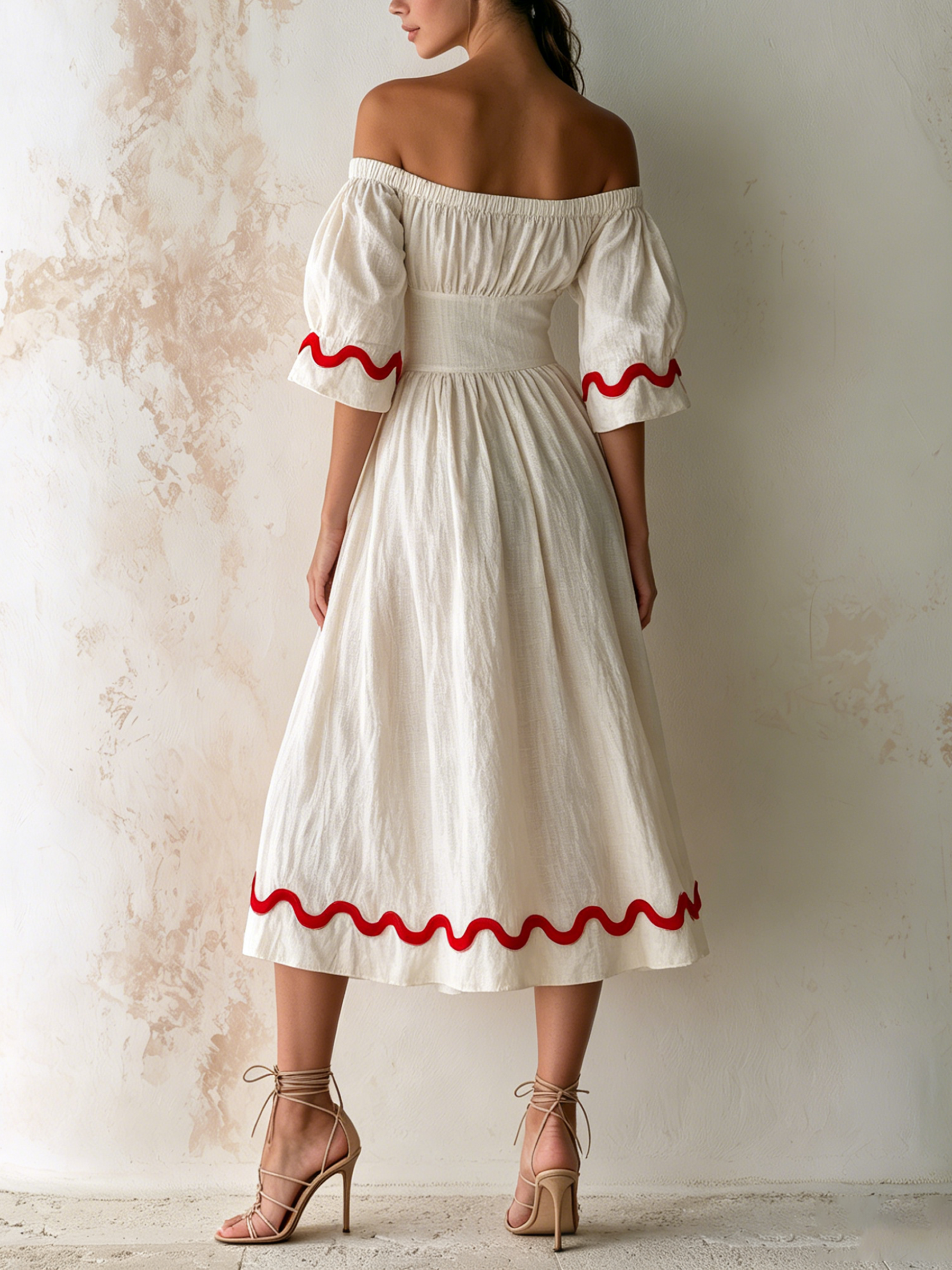 Off Shoulder Puff Sleeve Linen Midi Dress With Ric Rac Trim – Vacation Resort Fit-and-Flare Sundress