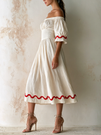 Off Shoulder Puff Sleeve Linen Midi Dress With Ric Rac Trim – Vacation Resort Fit-and-Flare Sundress