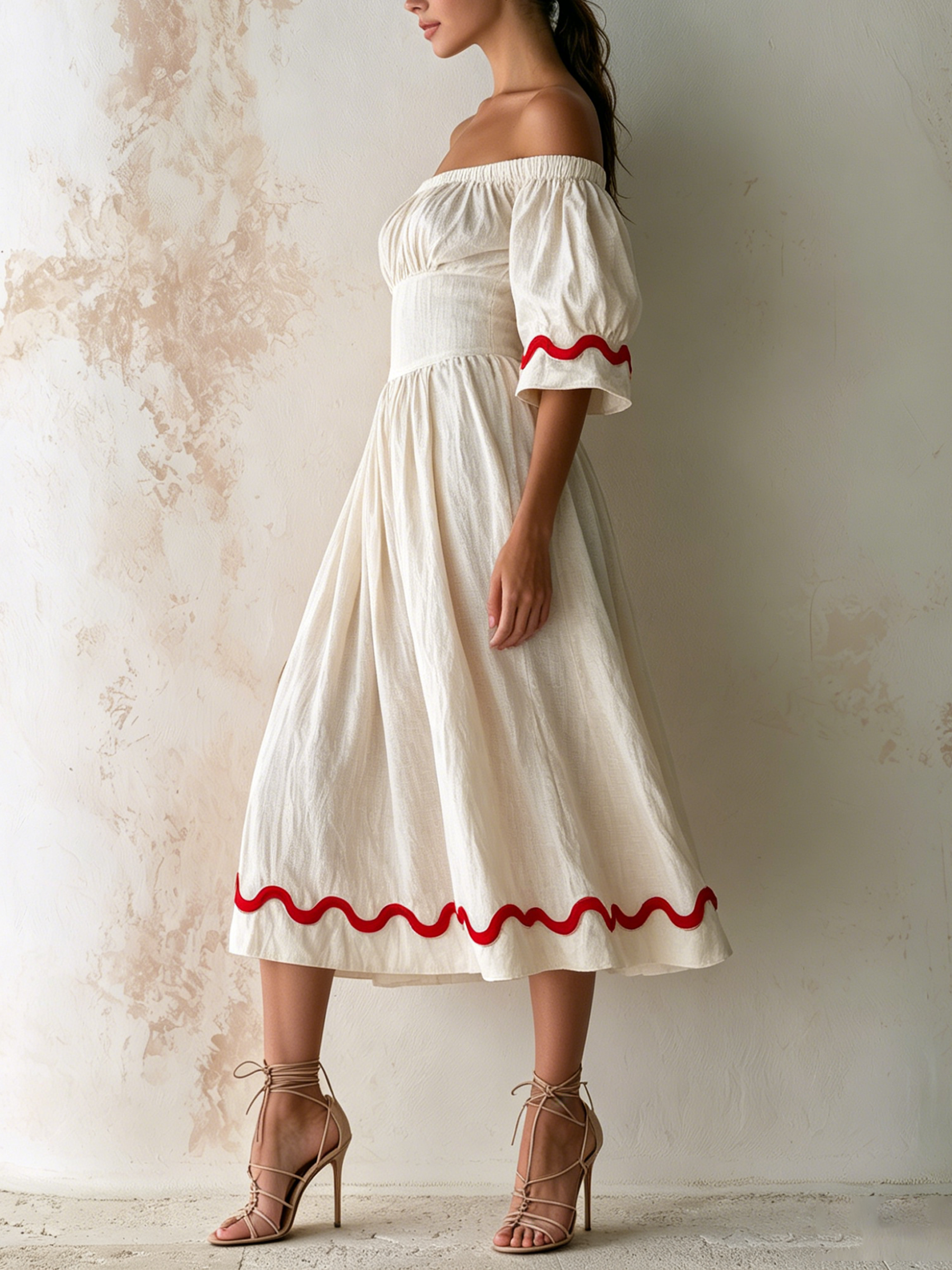 Off Shoulder Puff Sleeve Linen Midi Dress With Ric Rac Trim – Vacation Resort Fit-and-Flare Sundress