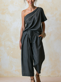 Asymmetrical One Shoulder Top & Pleated Drawstring Culotte Two-Piece Outfit