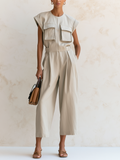 Utility-Pocket Sleeveless Cotton-Blend Cropped Wide-Leg Jumpsuit