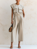 Utility-Pocket Sleeveless Cotton-Blend Cropped Wide-Leg Jumpsuit