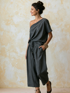 Asymmetrical One Shoulder Top & Pleated Drawstring Culotte Two-Piece Outfit