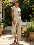 Utility-Pocket Sleeveless Cotton-Blend Cropped Wide-Leg Jumpsuit