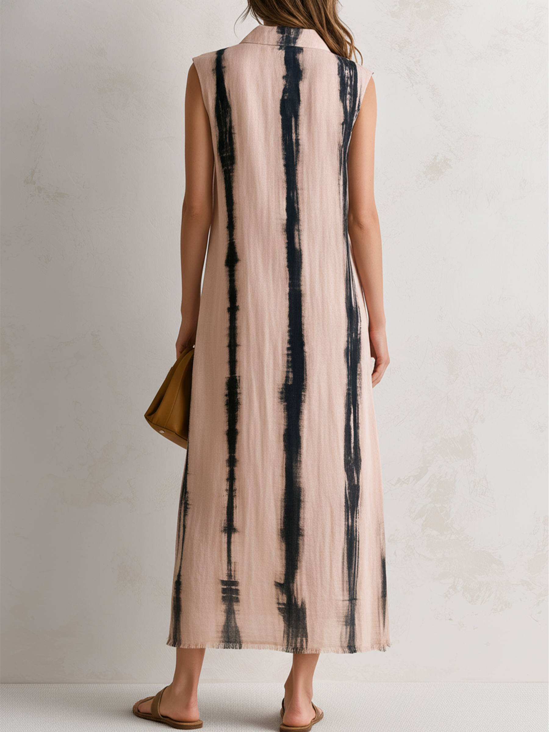 Abstract Brushstroke Print Sleeveless Linen Maxi Shirt Dress With Fringe Hem