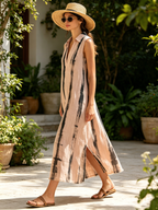Abstract Brushstroke Print Sleeveless Linen Maxi Shirt Dress With Fringe Hem
