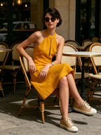 Mustard Yellow Halter Keyhole Cargo Pocket Linen Mini Dress Sleeveless A-Line Shift Dress