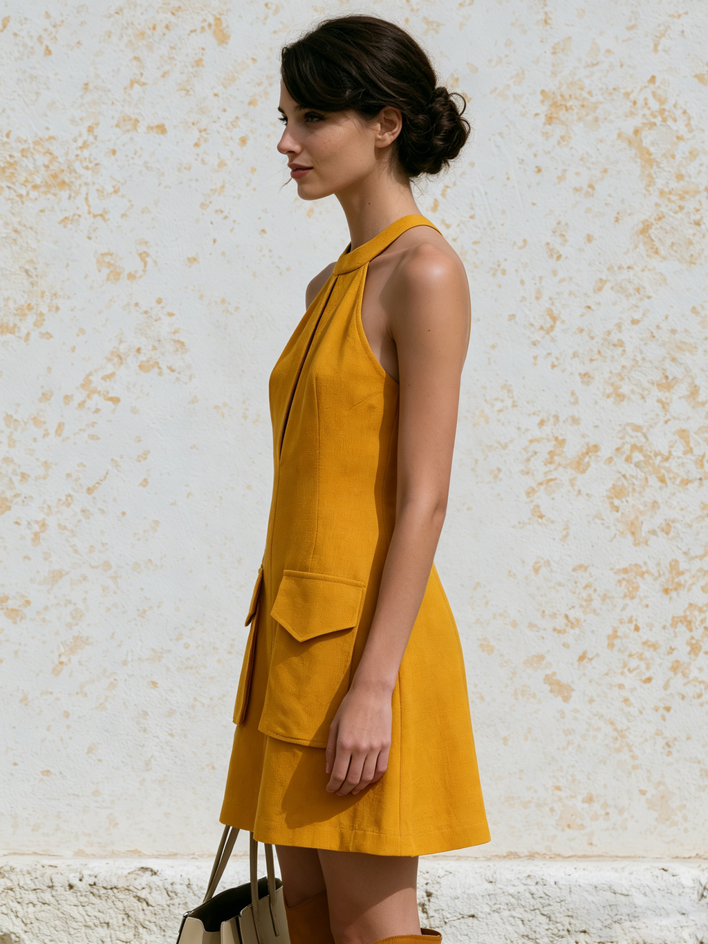 Mustard Yellow Halter Keyhole Cargo Pocket Linen Mini Dress Sleeveless A-Line Shift Dress