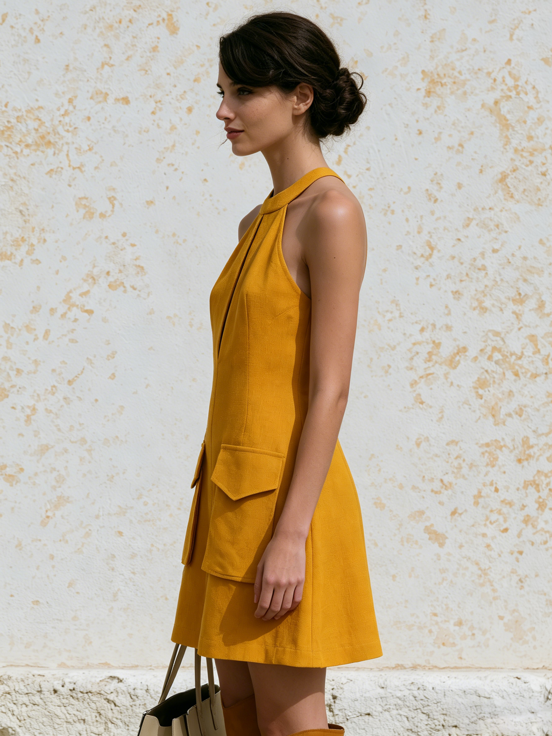 Mustard Yellow Halter Keyhole Cargo Pocket Linen Mini Dress Sleeveless A-Line Shift Dress