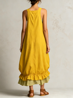 Yellow Sleeveless Cargo Pocket Layered Ruffle Hem Midi Overall Dress