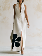 Cream Sleeveless Halter Linen Maxi Dress With Bold Black Floral Applique
