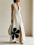 Cream Sleeveless Halter Linen Maxi Dress With Bold Black Floral Applique