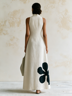 Cream Sleeveless Halter Linen Maxi Dress With Bold Black Floral Applique