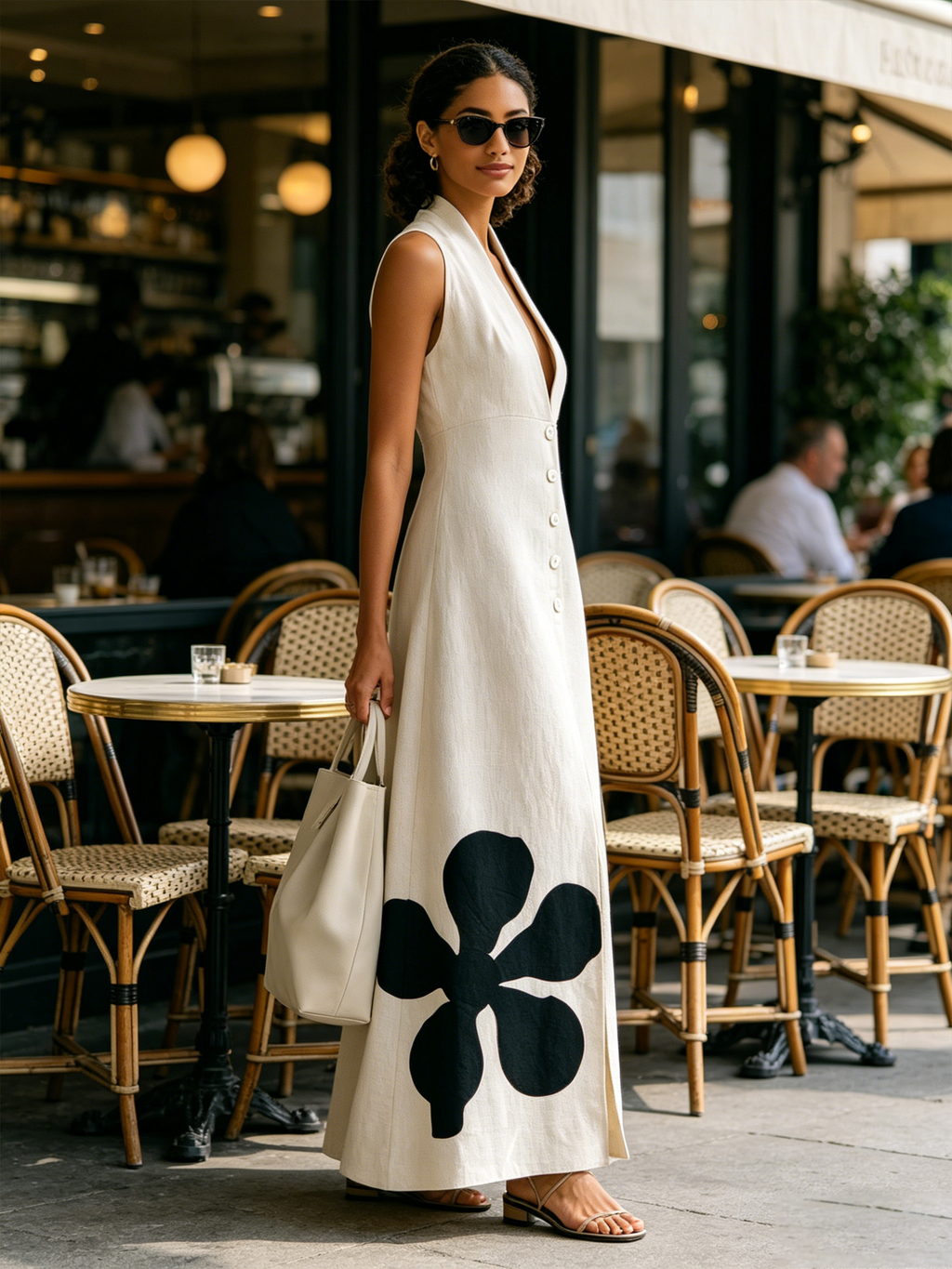 Cream Sleeveless Halter Linen Maxi Dress With Bold Black Floral Applique