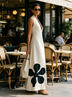 Cream Sleeveless Halter Linen Maxi Dress With Bold Black Floral Applique
