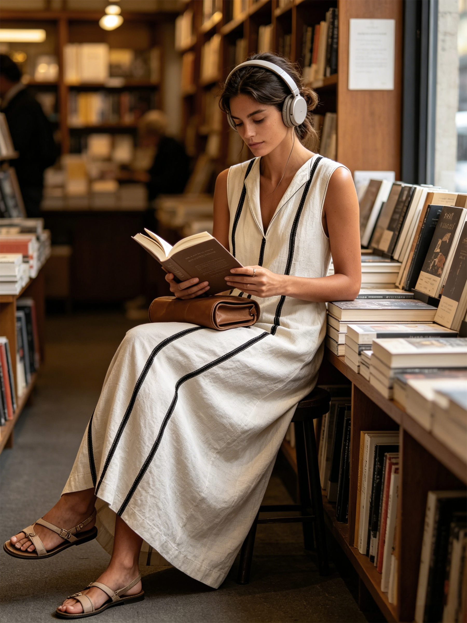 Vertical Contrast Stripe Sleeveless Lapel Linen Midi Shift Dress