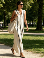 Vertical Contrast Stripe Sleeveless Lapel Linen Midi Shift Dress
