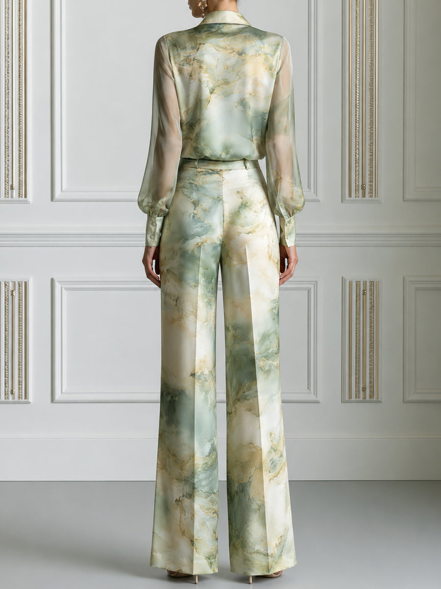 Watercolor Fluid Print Satin Two-Piece Tailored Suit