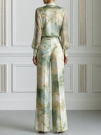 Watercolor Fluid Print Satin Two-Piece Tailored Suit