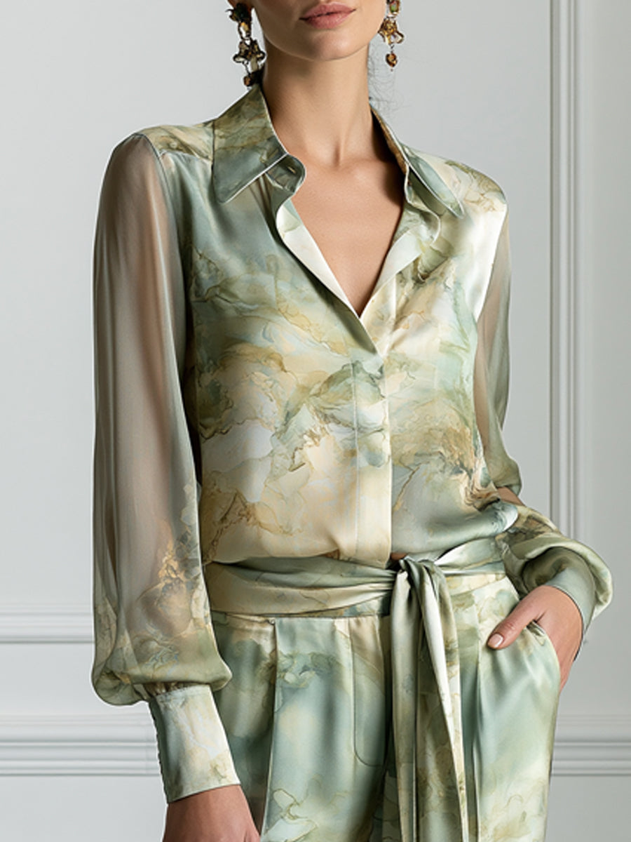 Watercolor Fluid Print Satin Two-Piece Tailored Suit