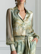 Watercolor Fluid Print Satin Two-Piece Tailored Suit