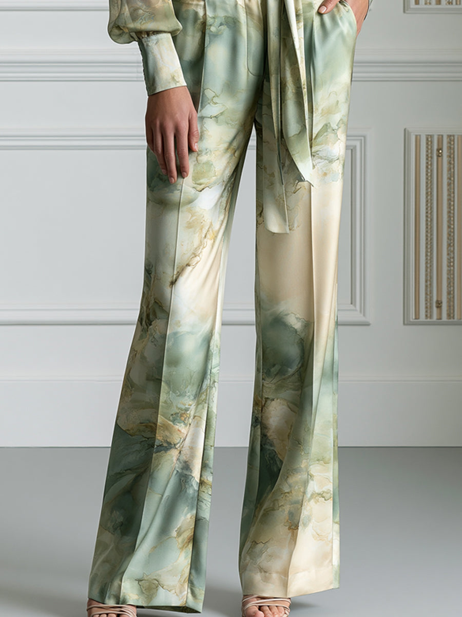 Watercolor Fluid Print Satin Two-Piece Tailored Suit