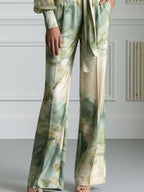 Watercolor Fluid Print Satin Two-Piece Tailored Suit