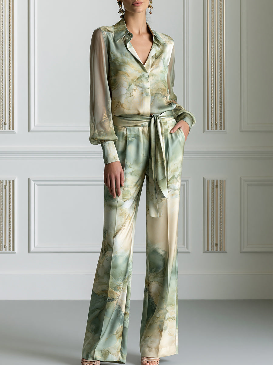 Watercolor Fluid Print Satin Two-Piece Tailored Suit