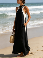 Black White Color Block Halter Linen Maxi Dress