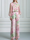 Floral Print Sheer Sleeve Shirt & Wide Leg Pants Set
