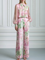 Floral Print Sheer Sleeve Shirt & Wide Leg Pants Set