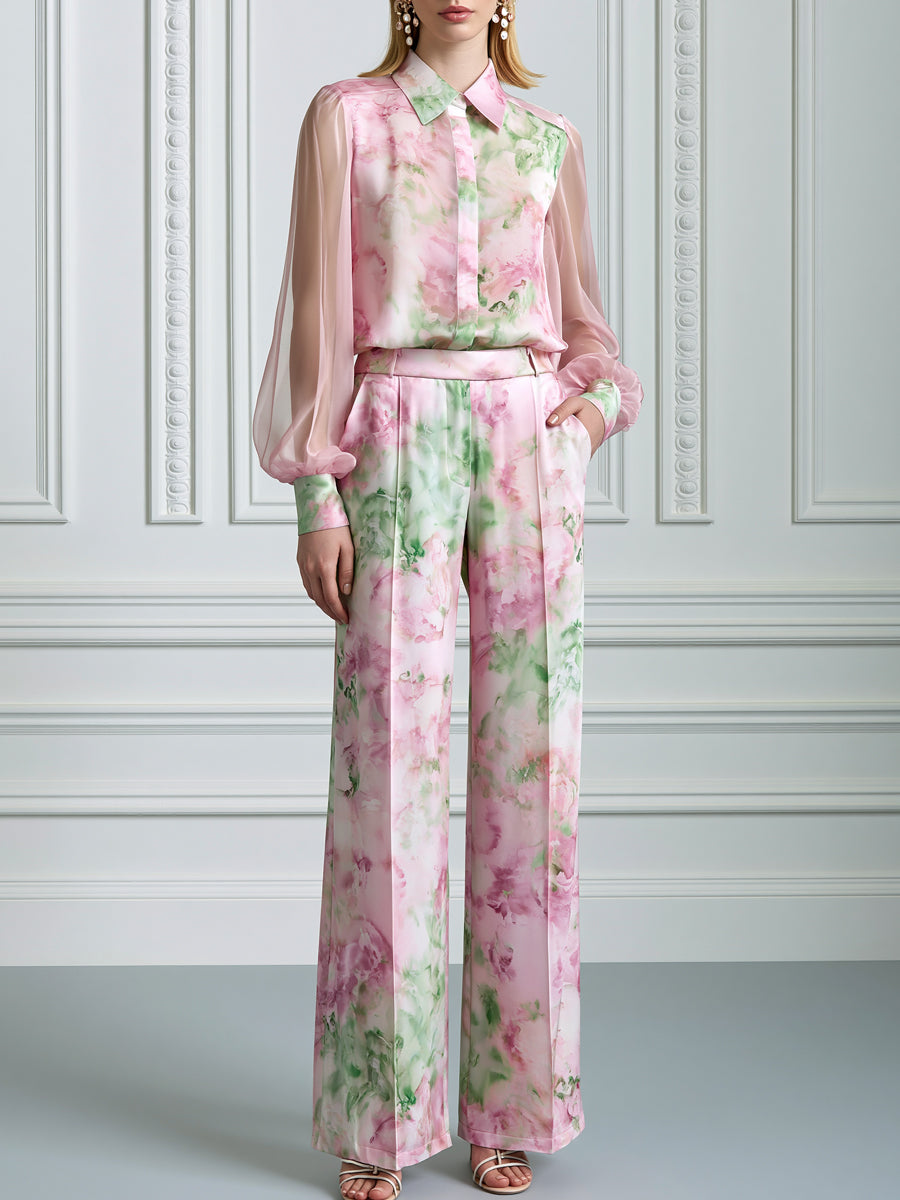 Floral Print Sheer Sleeve Shirt & Wide Leg Pants Set