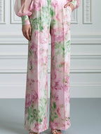Floral Print Sheer Sleeve Shirt & Wide Leg Pants Set