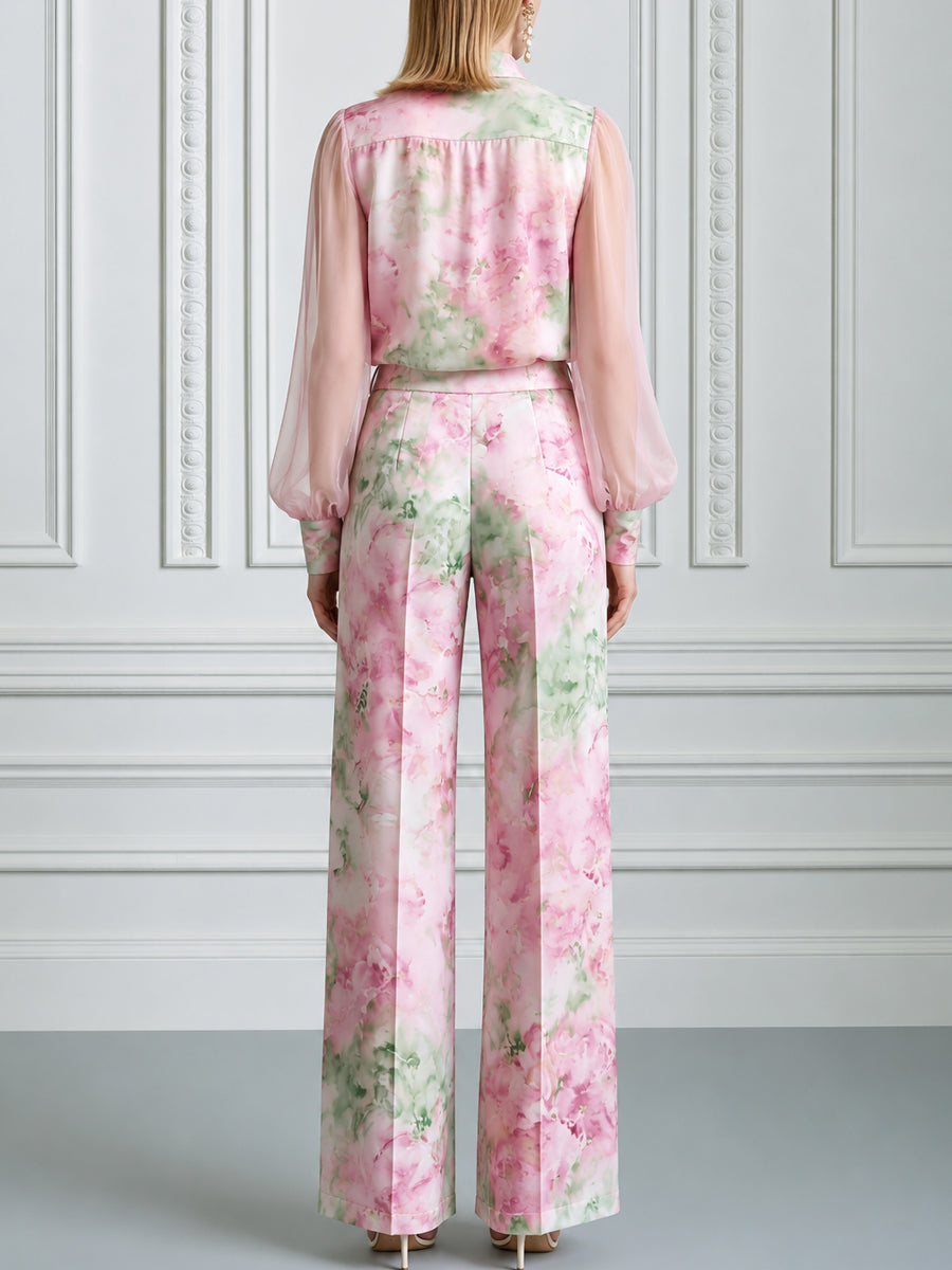 Floral Print Sheer Sleeve Shirt & Wide Leg Pants Set