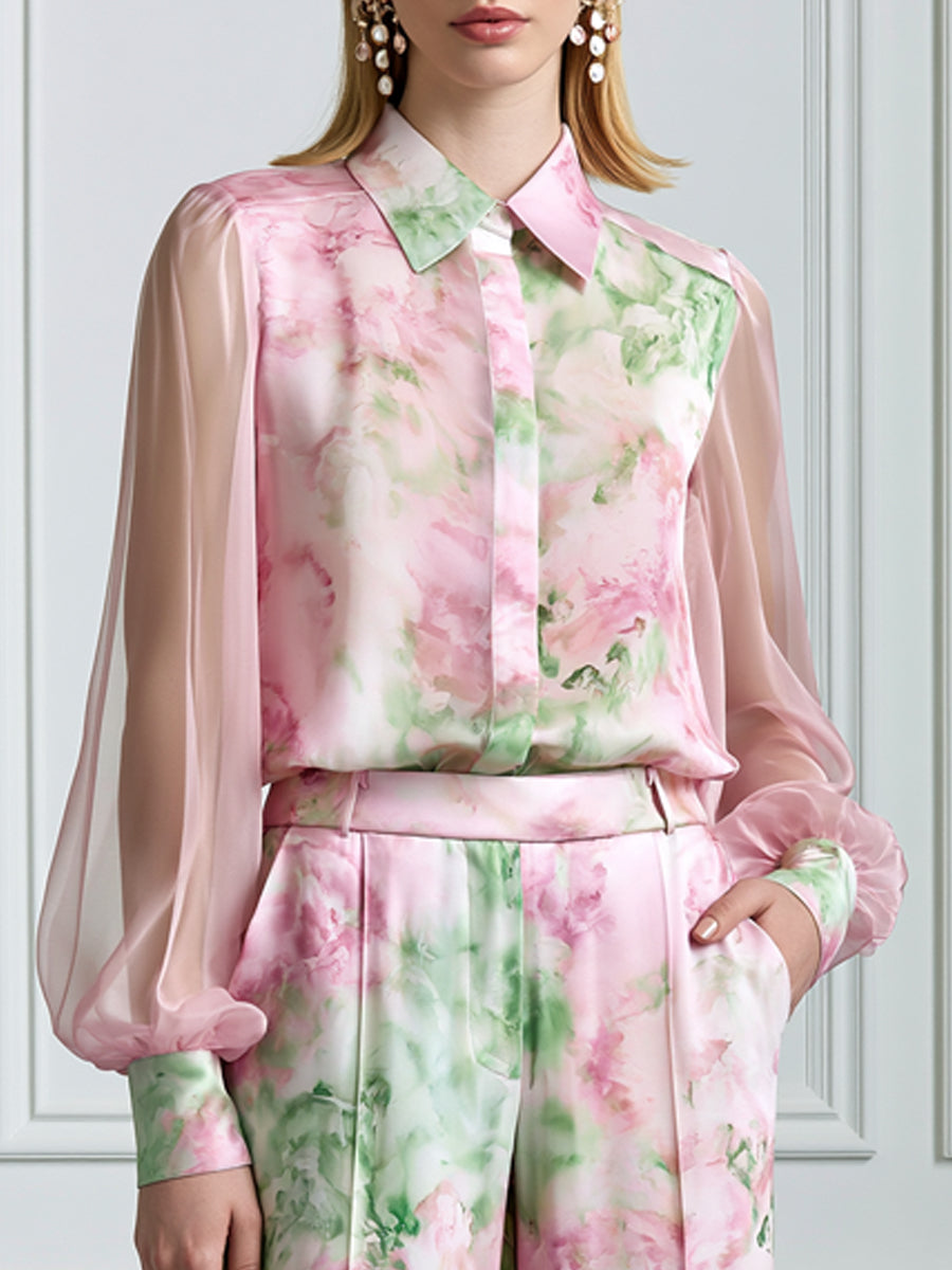 Floral Print Sheer Sleeve Shirt & Wide Leg Pants Set
