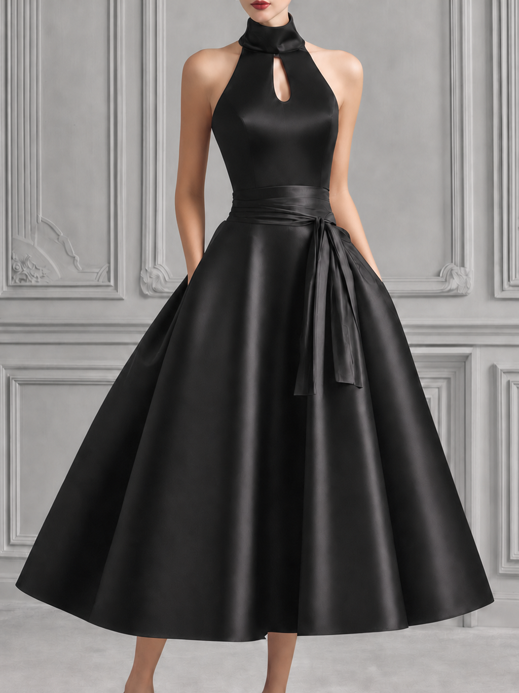 Black Satin High Neck Cutout Full-Skirt Dress