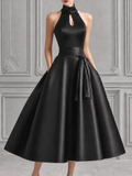 Black Satin High Neck Cutout Full-Skirt Dress