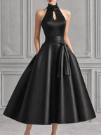 Black Satin High Neck Cutout Full-Skirt Dress