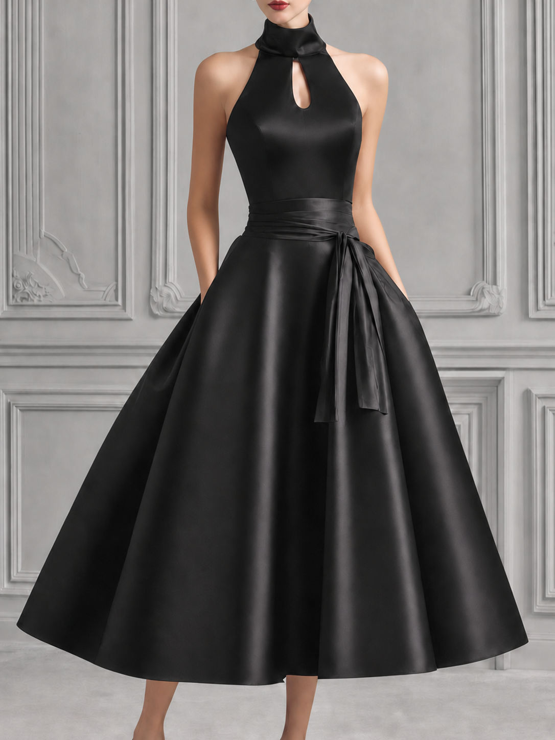 Black Satin High Neck Cutout Full-Skirt Dress