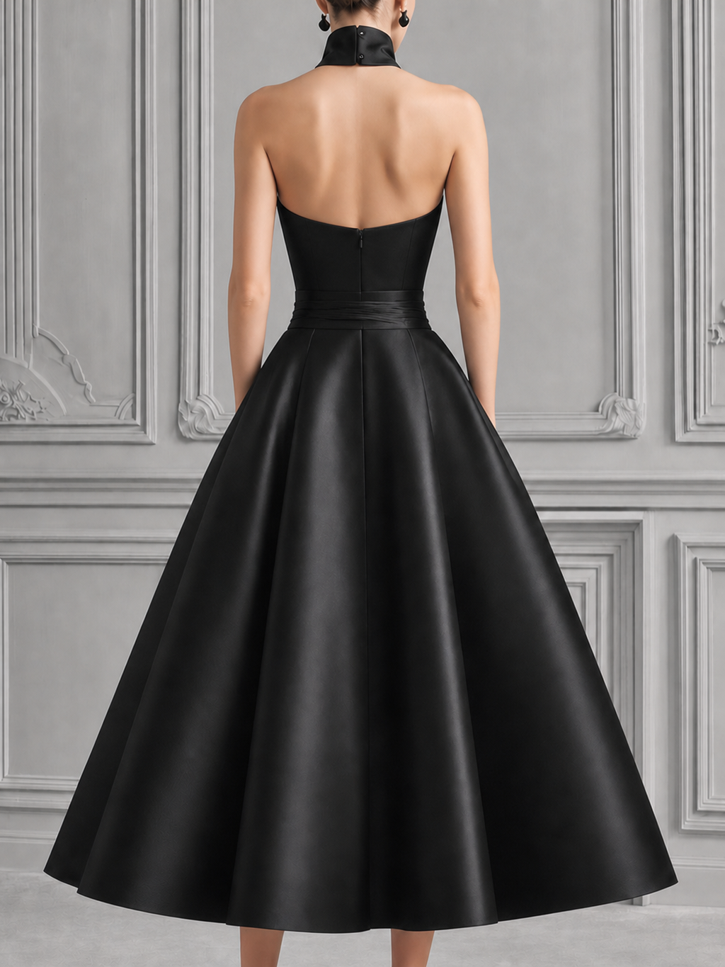 Black Satin High Neck Cutout Full-Skirt Dress