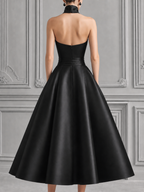 Black Satin High Neck Cutout Full-Skirt Dress