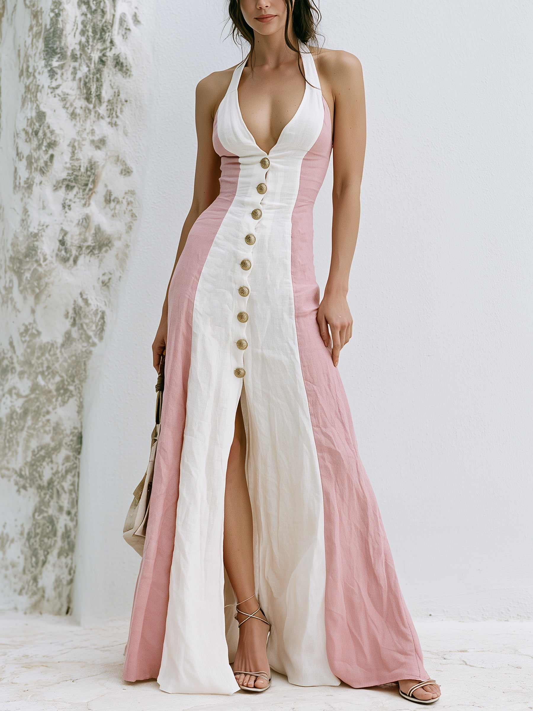 Pink & Ivory Colorblock Halter Neck Button Front Maxi Dress – Elegant Resort Slit Dress