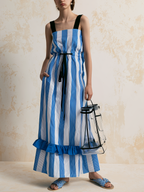 Blue White Vertical Stripe Drawstring Cami Maxi Dress
