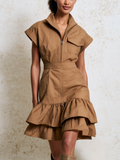 Zip Front Stand Collar Cap Sleeve Cargo Tiered Ruffle Mini Dress