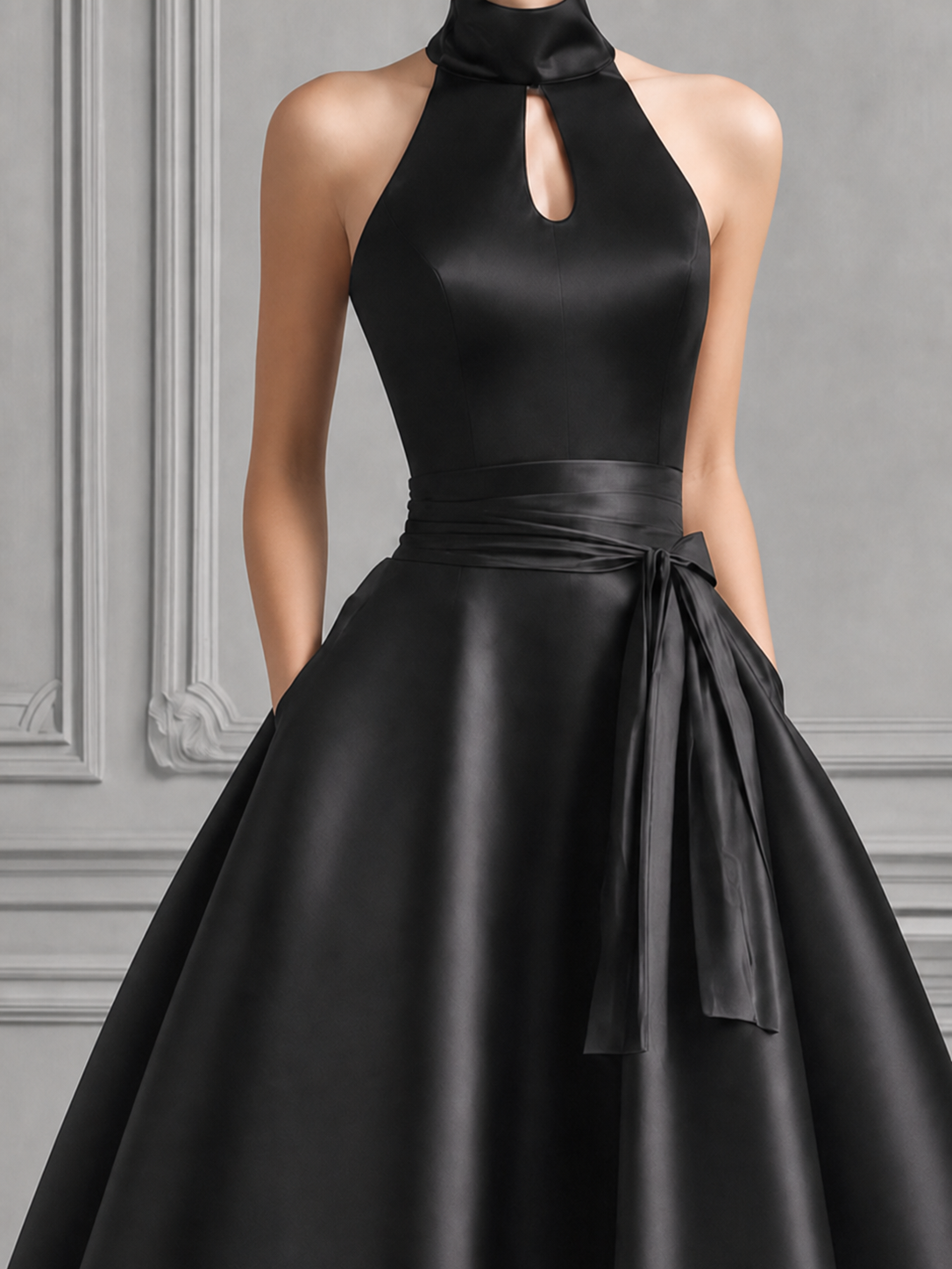 Black Satin High Neck Cutout Full-Skirt Dress